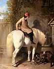 Boy Canvas Paintings - Refreshment, A Boy Watering His Grey Pony